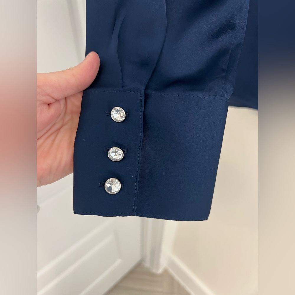 Navy Satin High-Neck Long-Sleeve Blouse - Picture 4 of 11